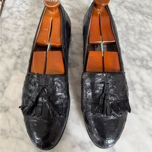 Bally Black Ostrich Leather Loafers with Tassels